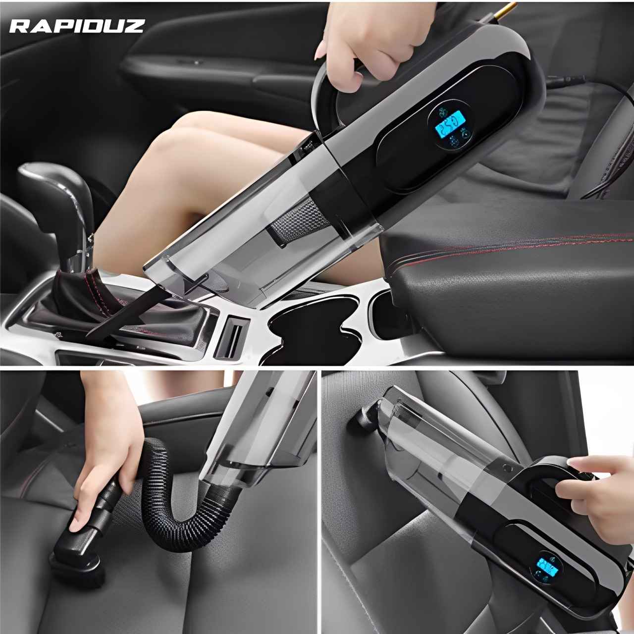 Aspirador automotivo sendo mostrado em vários angulos diferentes