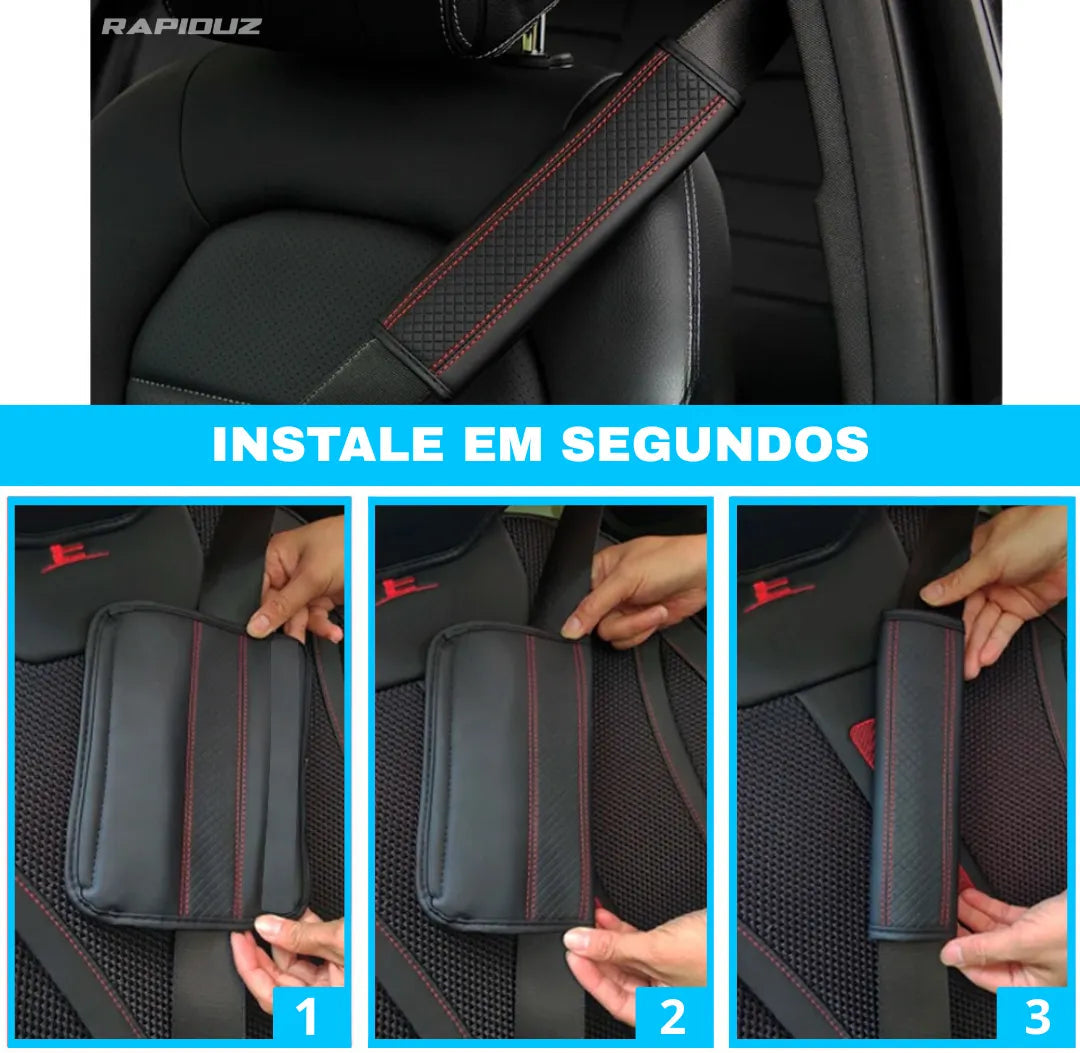 Imagem mostra como instalar a capa de cinto de segurança em 3 passos simples e rápidos