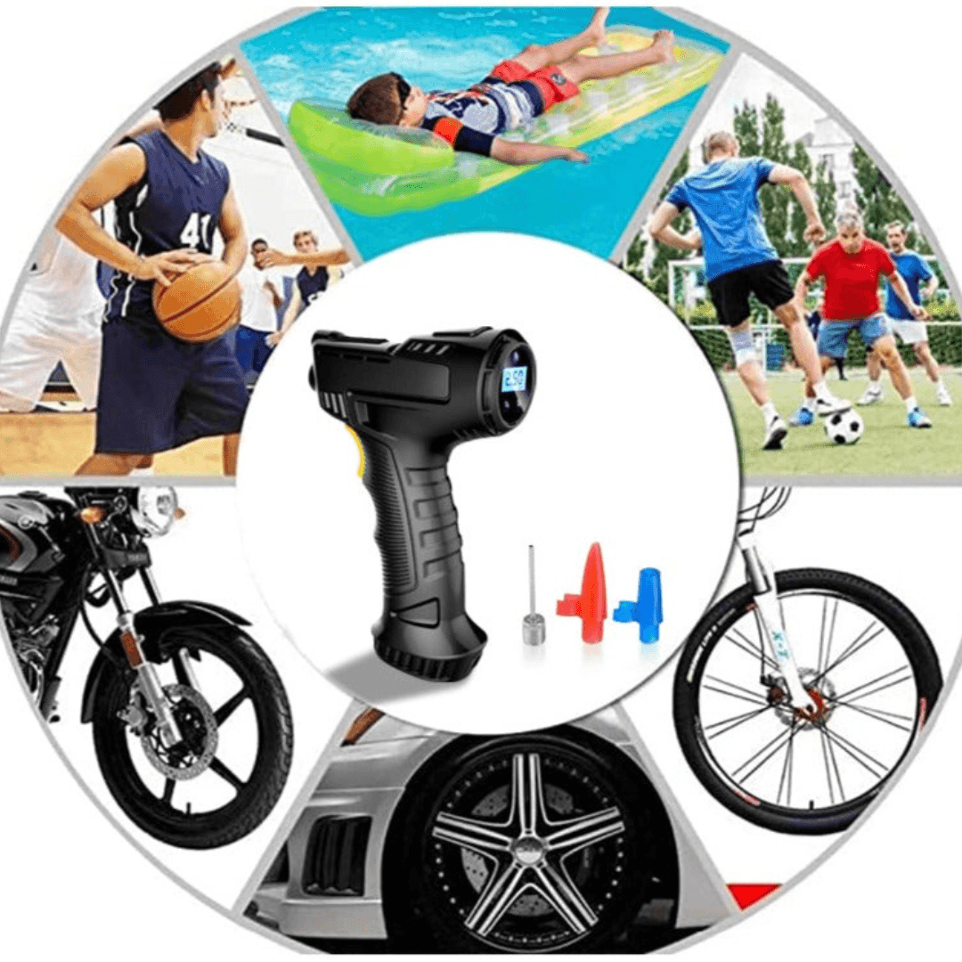 Compressor portátil ideal para encher pneus, bolas esportivas e boias com facilidade.