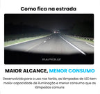 Lâmpada de LED halógena para carro ligada na estrada à noite mostrada na foto, iluminação potente e eficiente