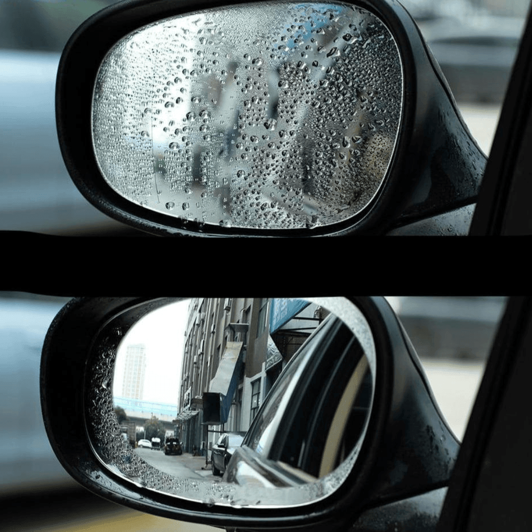 Comparação retrovisor com e sem película, visão clara na chuva com proteção aplicada