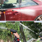 Pistola de alta pressão demonstrando potência, limpando carro vermelho com jato forte e eficiente.
