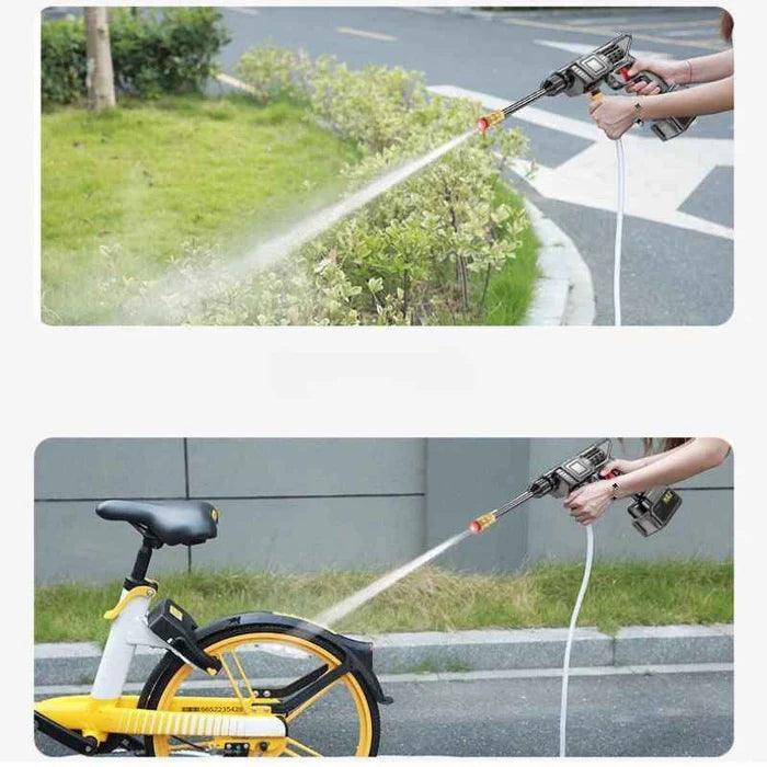 Pistola de alta pressão que serve para lavar carro, irrigar jardim e outras limpezas.