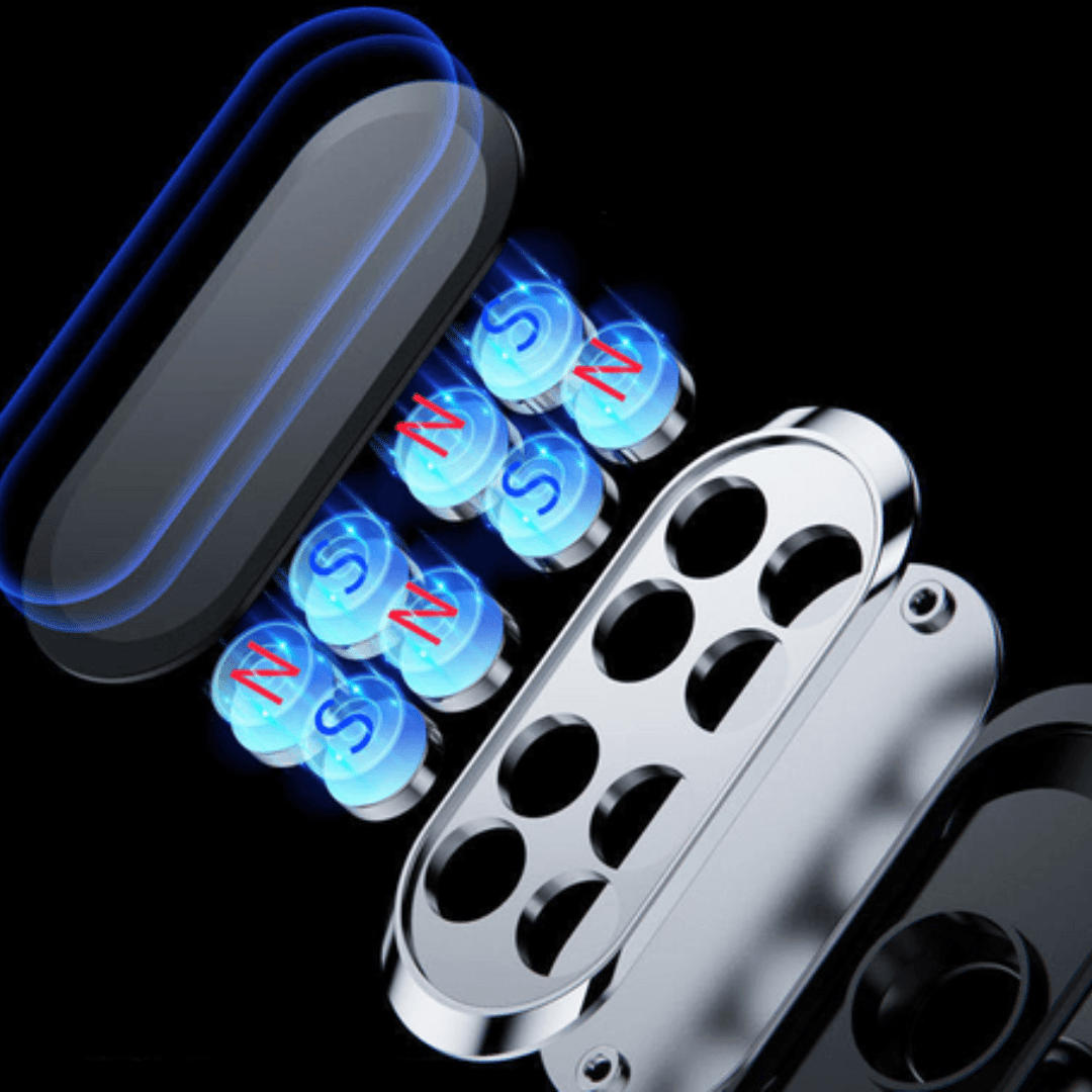 Imagem ilustrando o ímã forte do suporte, tecnologia moderna para fixar celulares.