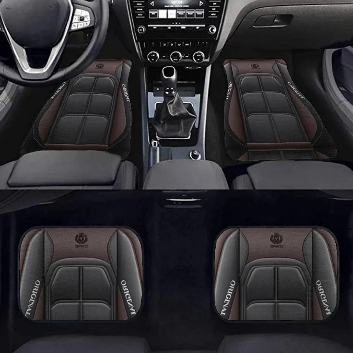 Dois tapetes automotivos marrom instalados na frente e dois na traseira, proteção eficaz