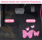 Imagem mostra o antes e depois do tapete de carro de borboleta rosa aplicado no carro