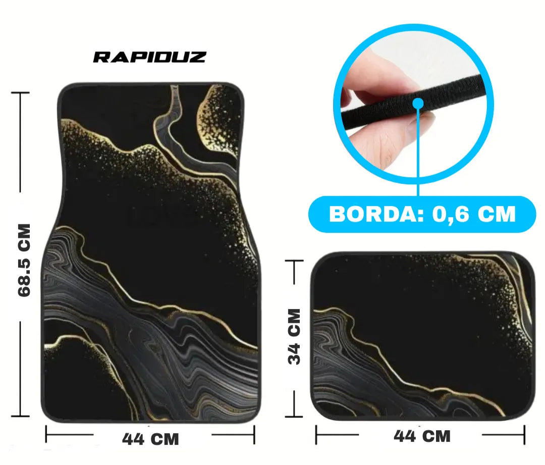 Imagem detalha as medidas do tapete automotivo, incluindo altura, largura e bordas