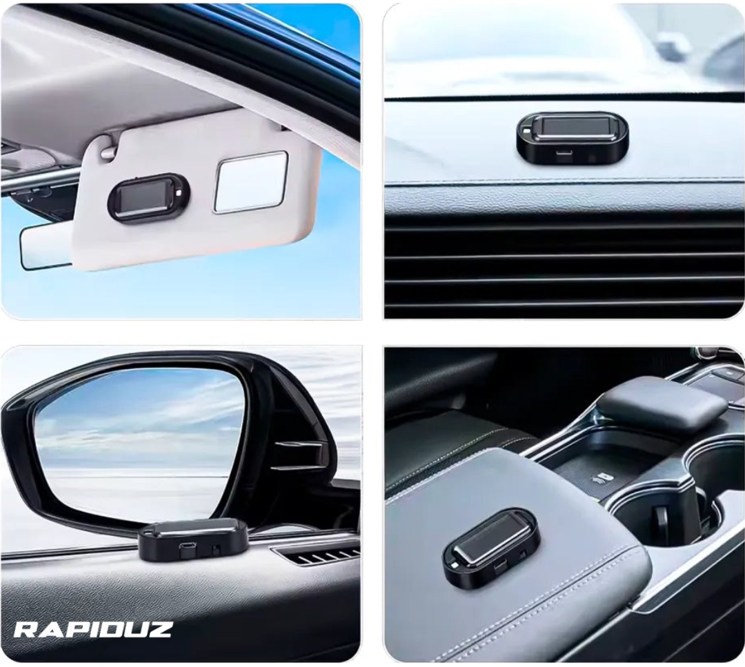 Imagem mostra um alarme de carro com luz intensa visto de varios angulos dentro do carro