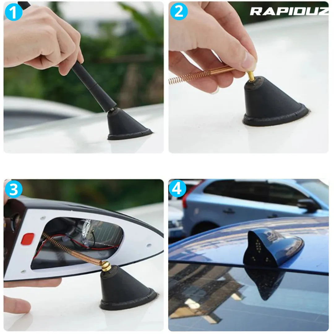 imagem mostra 4 passos de como instalar a antena de tubarão para carro 