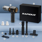 imagem mostra tudo que vem na caixa do aspirador de po para carro