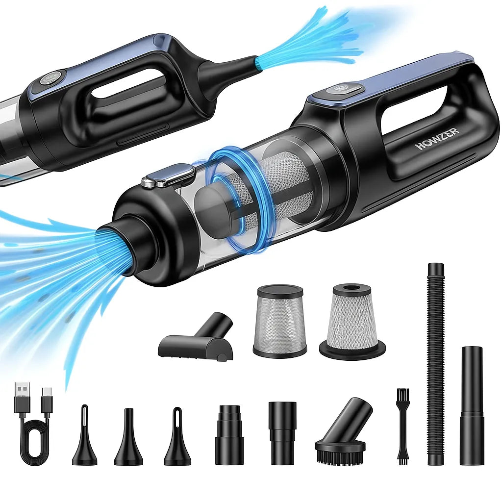 imagem mostra todos os acessórios que vem junto com o aspirador de pó automotivo