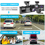 Imagem mostra o comparativo das três câmeras do carro: visão frontal, interna e traseira em destaque