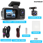 Imagem mostra conteúdo da caixa: câmera, suporte, parafusos, manual e carregador