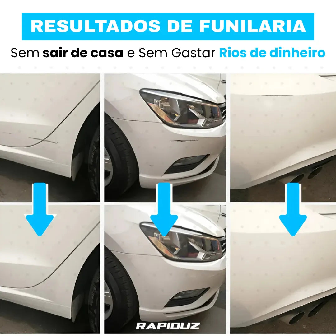 imagem mostra o antes e depois de usar a caneta reparadora de arranhoes, imagem destaca o resultado que a caneta trouxe para o carro
