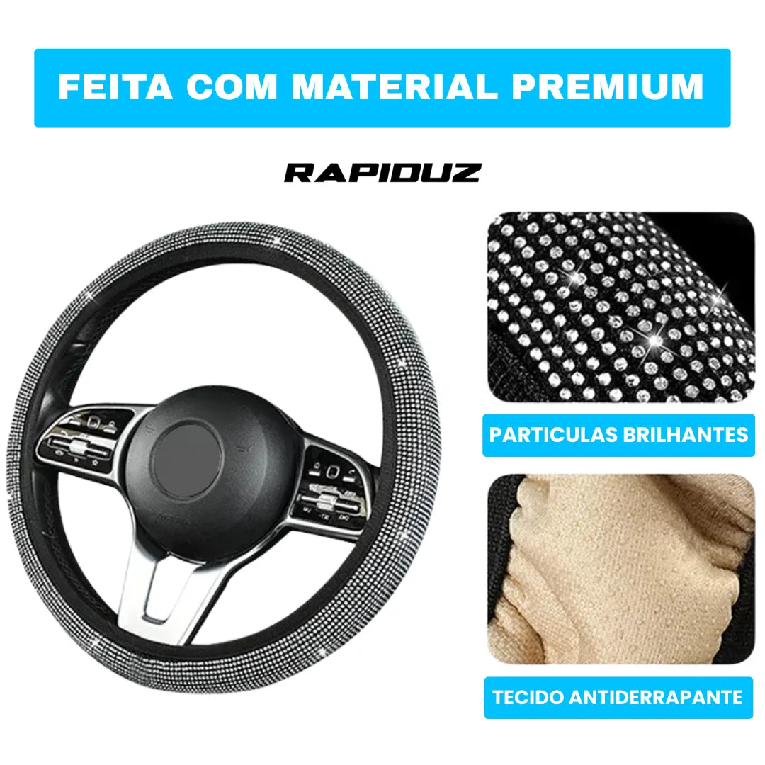 Capa de volante feita com tecido antiderrapante e partículas brilhantes no acabamento