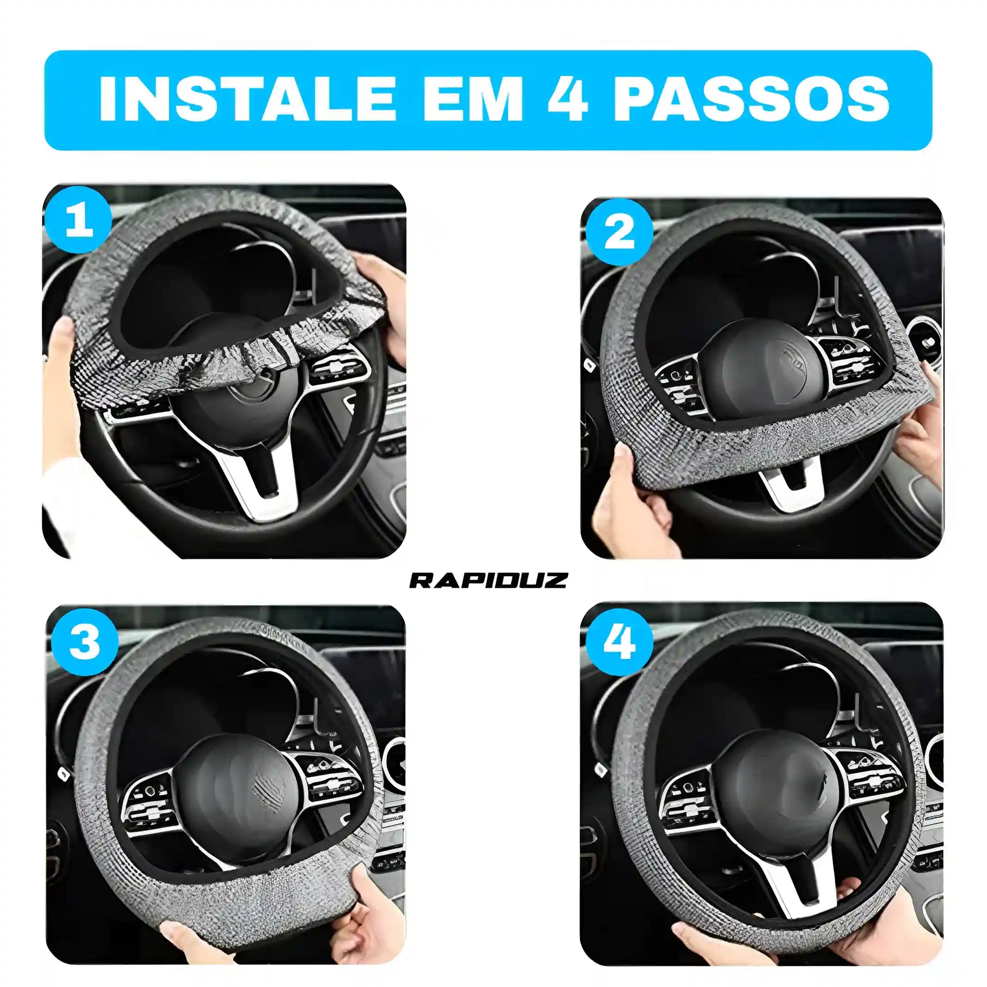 Imagem mostra os 4 passos simples para instalar a capa de volante no carro