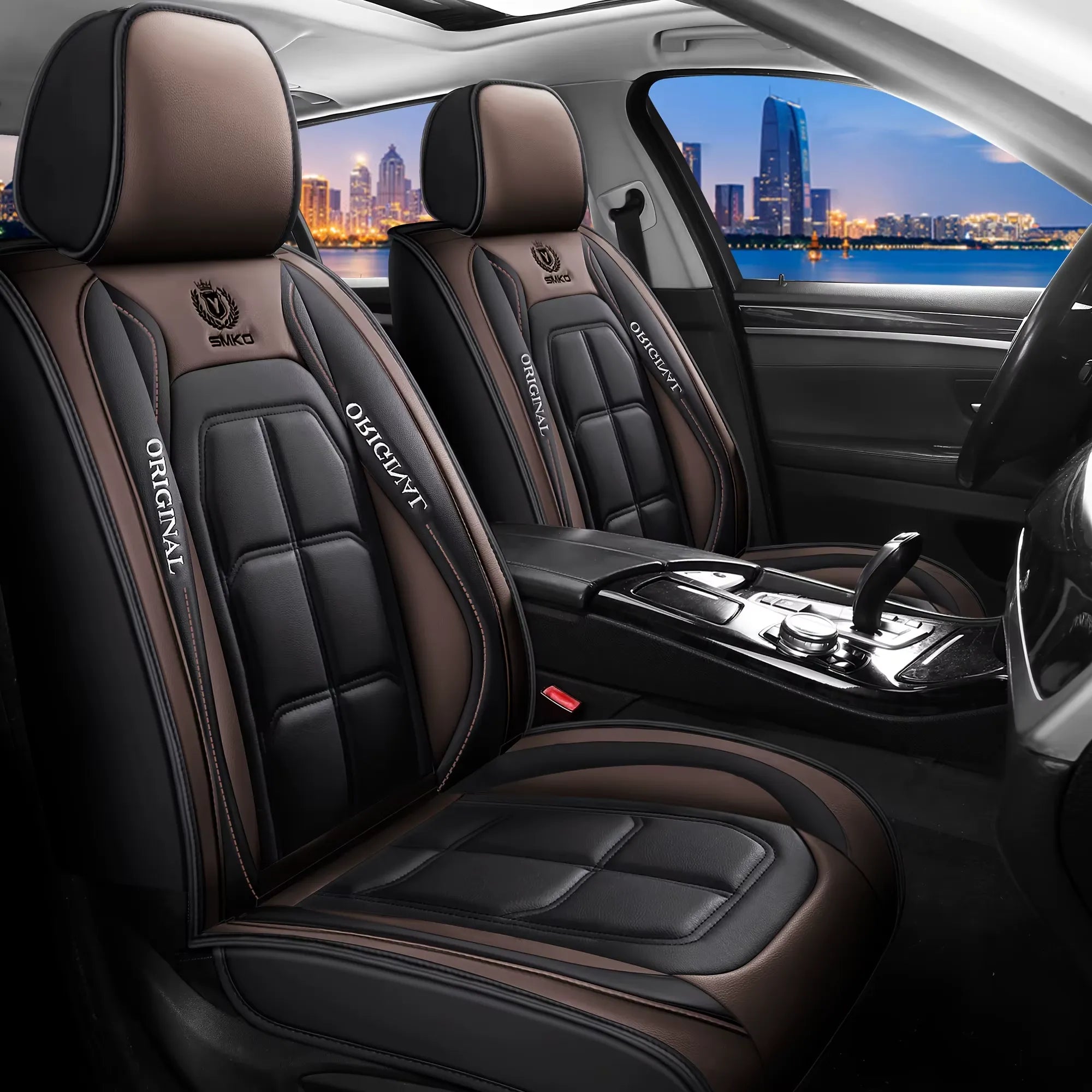 imagem mostra capa de banco de carro marrom instalada no banco do carro