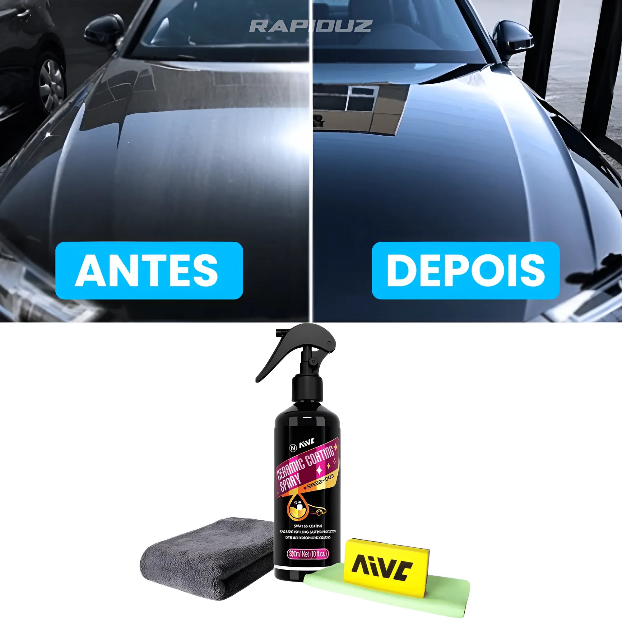 Imagem mostra antes e depois da aplicação da cera com brilho intenso na pintura