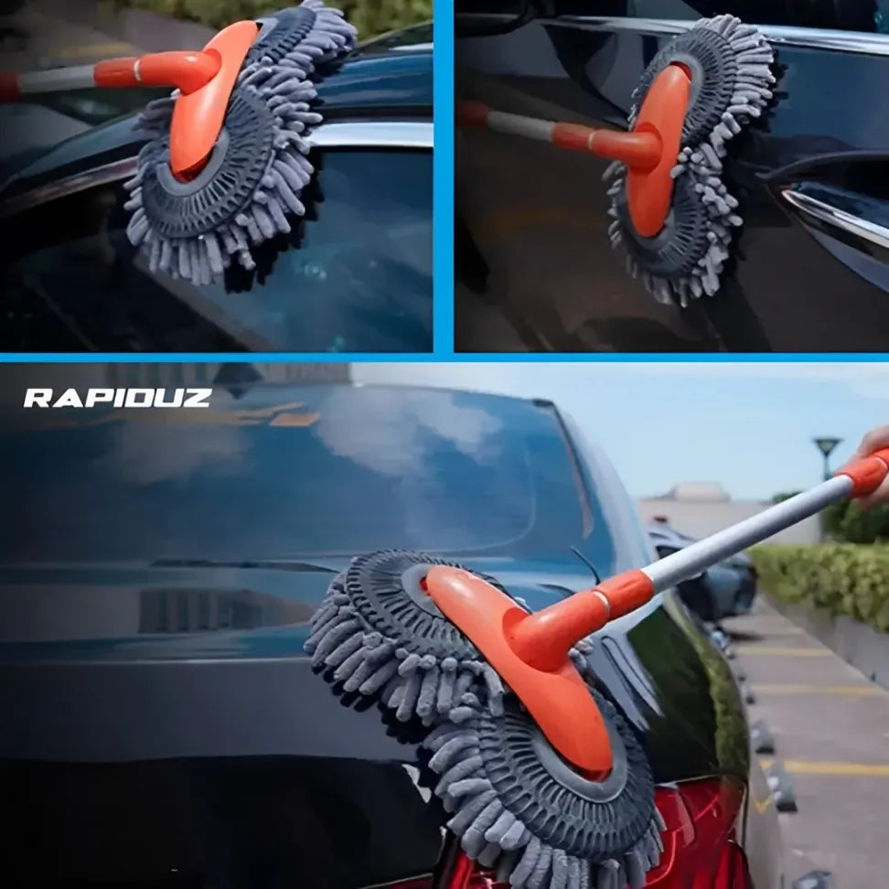 Esfregão automotivo sendo usado em diferentes áreas do carro.