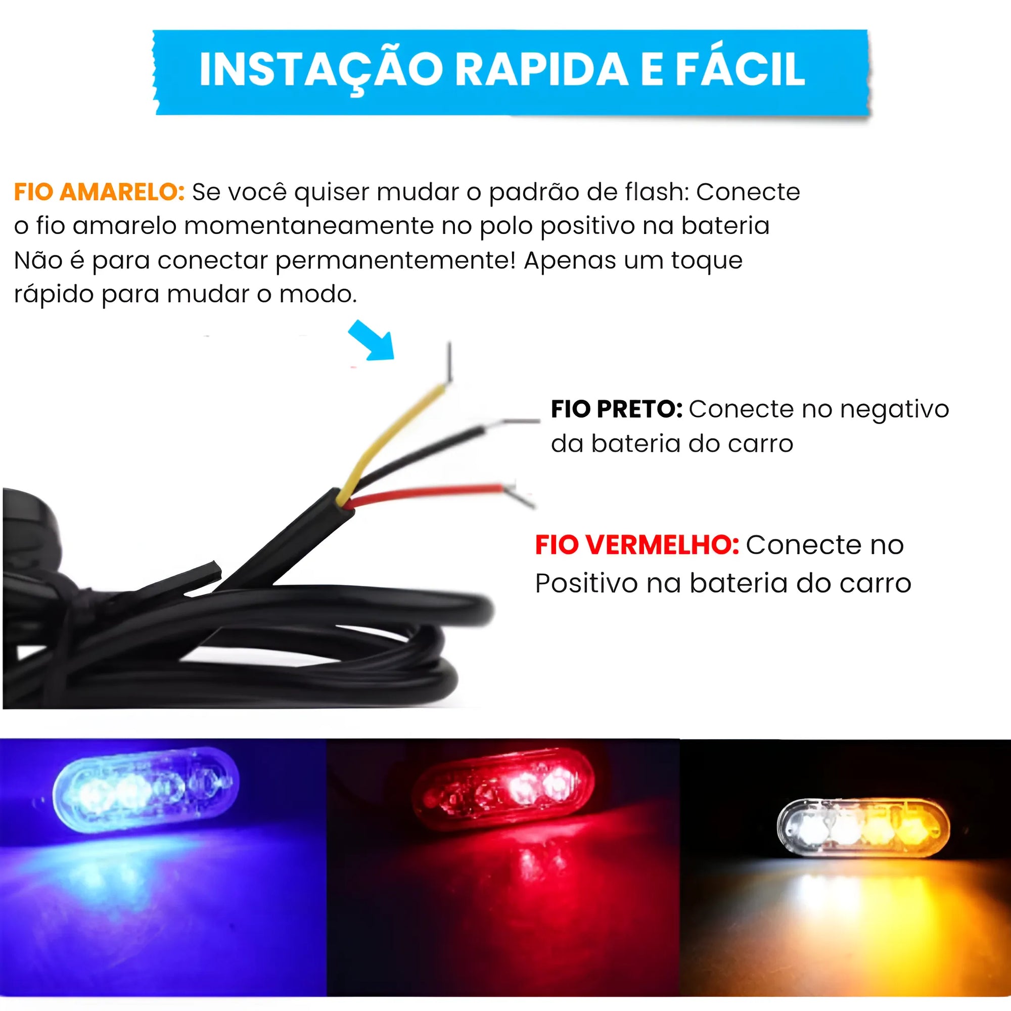 Imagem mostrando como conectar corretamente os fios do farol de LED.
