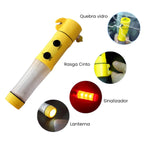 Imagem detalha funções da ferramenta de emergência 5 em 1 para segurança no carro.