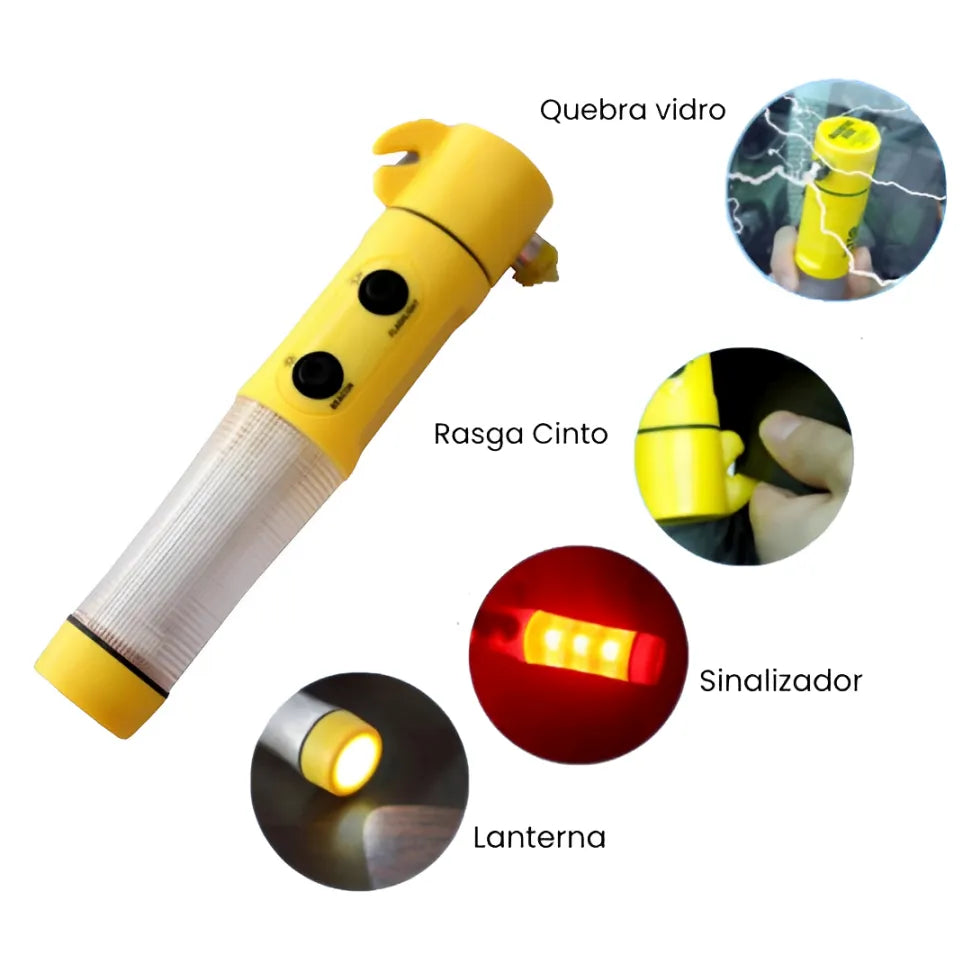 Imagem detalha funções da ferramenta de emergência 5 em 1 para segurança no carro.