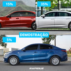 Insulfilm automotivo com brilho de 15%, 35% e 5% exibido em vários modelos de carros na imagem