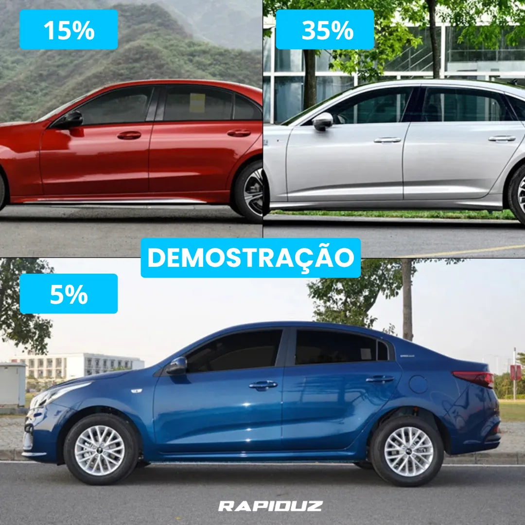 Insulfilm automotivo com brilho de 15%, 35% e 5% exibido em vários modelos de carros na imagem