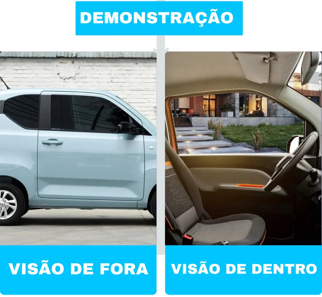 Visual do insulfilm veicular aplicado no vidro do carro, imagem mostra interior e exterior do carro