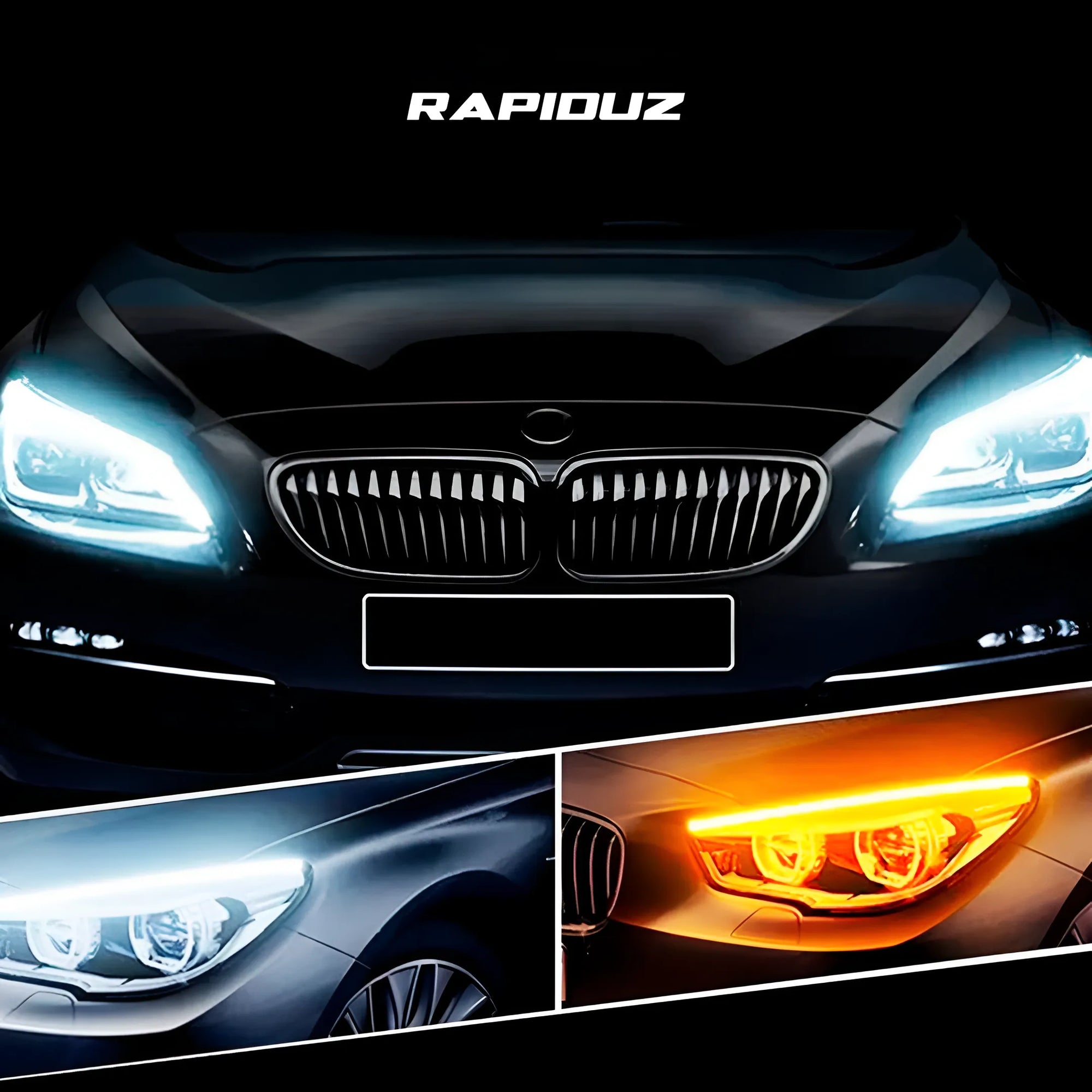 Fita de LED instalada no farol do carro, destaca o design com luz intensa.