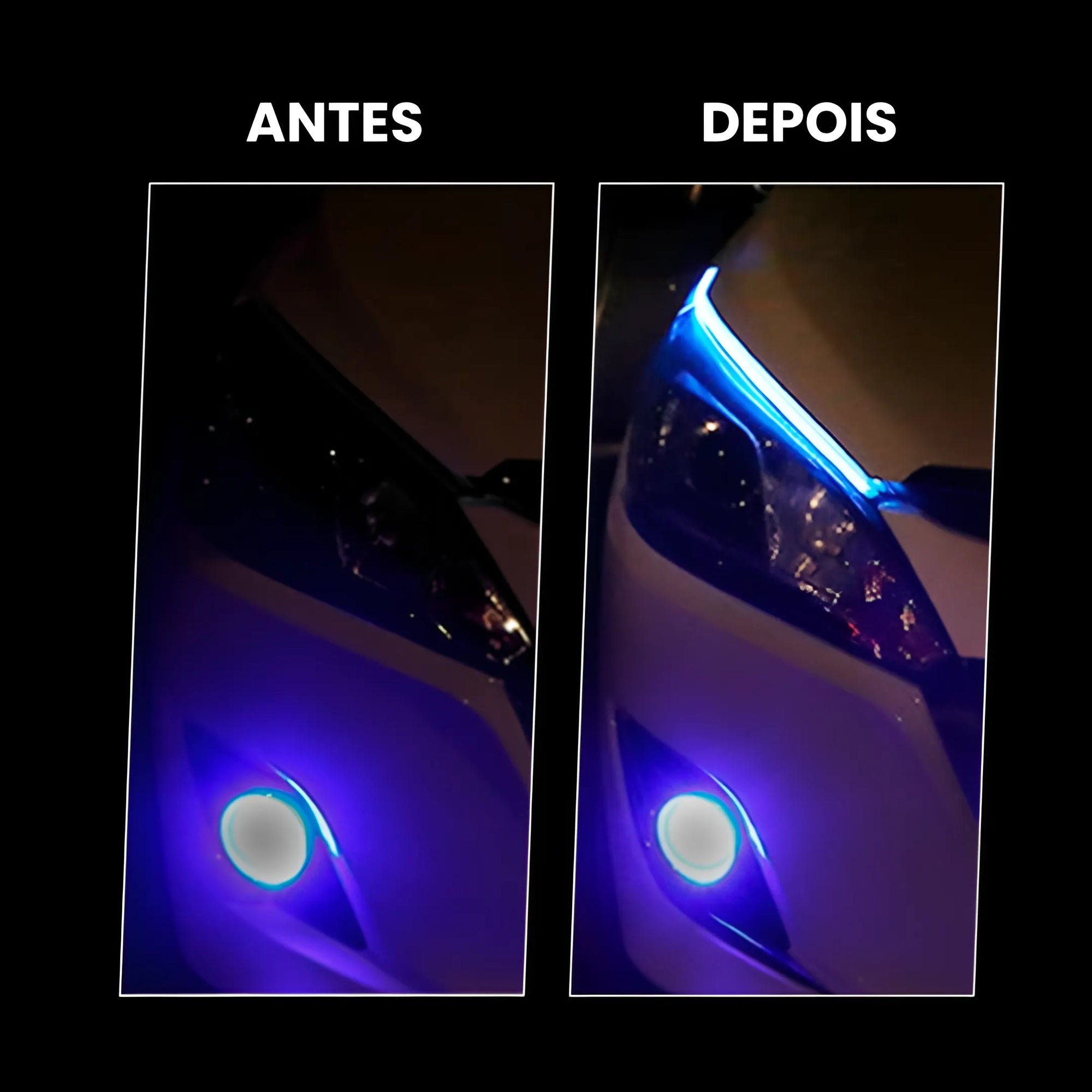 Antes e depois da instalação da fita de LED no carro.