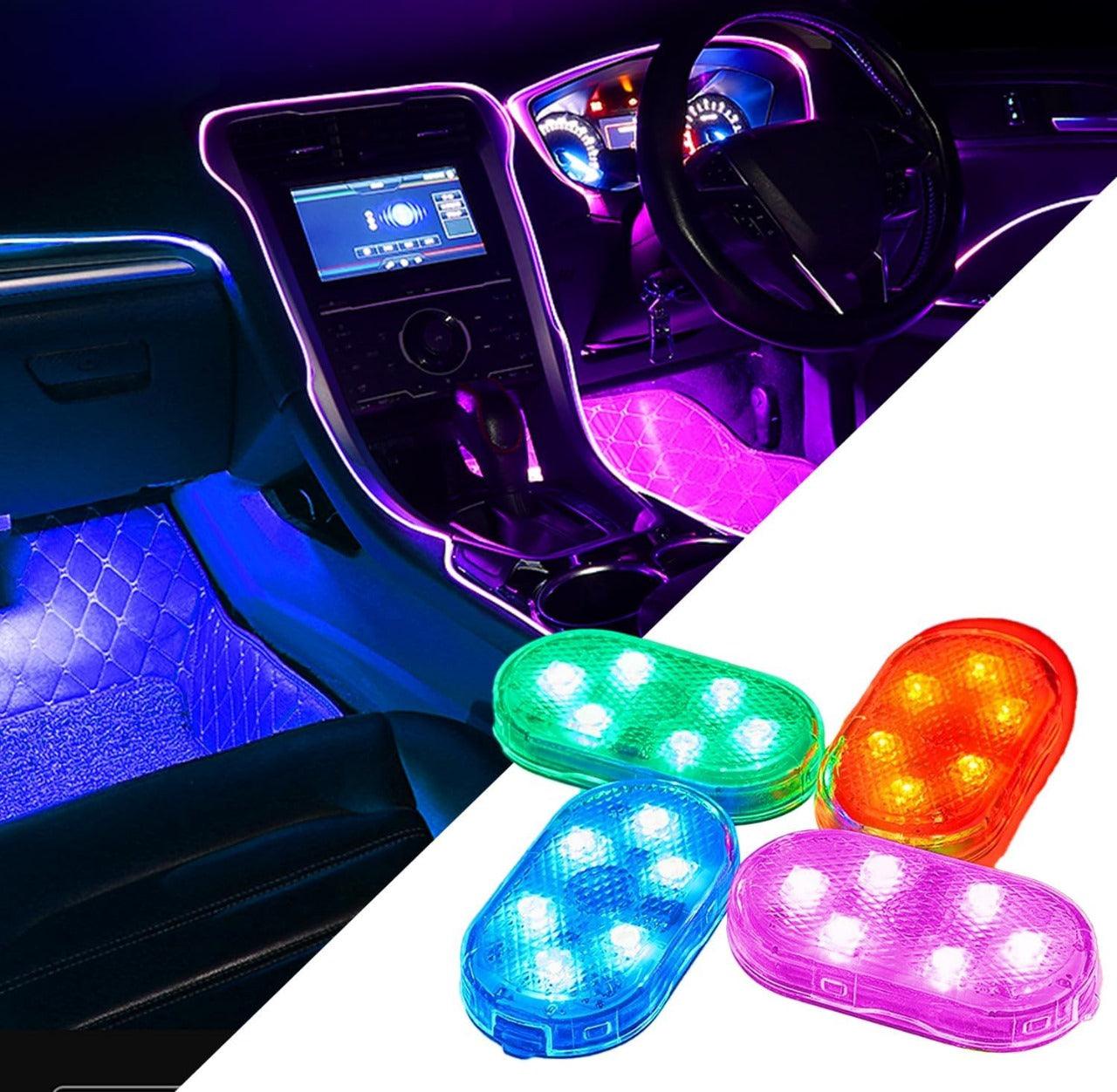 Luz de LED magnética em uso no interior do carro, iluminando com cores variadas