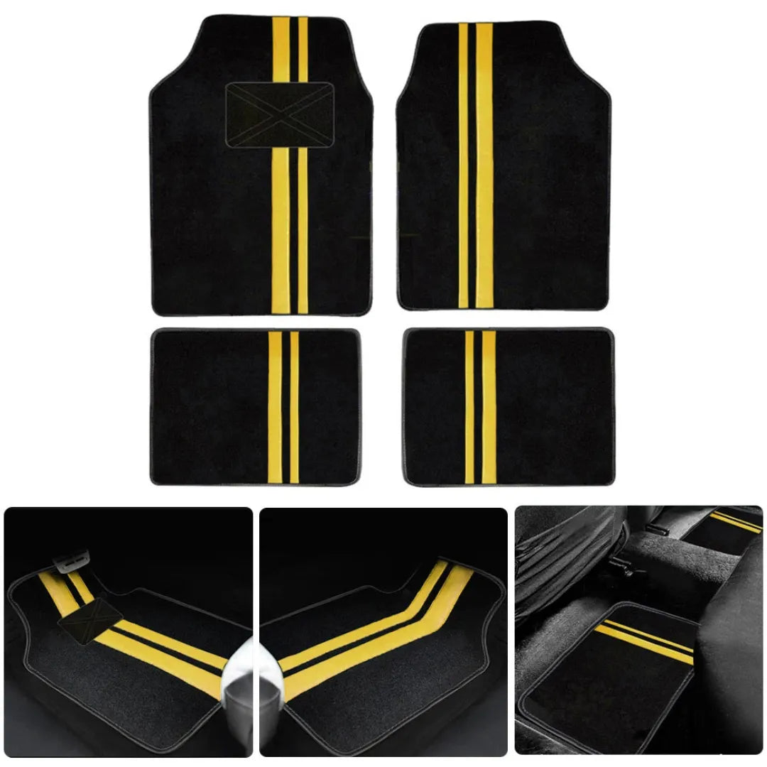 Tapete automotivo amarelo com design esportivo, ajuste universal e material resistente