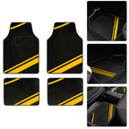 Tapetes automotivos exibidos em várias imagens, incluindo kit com 4 peças e aplicação no carro