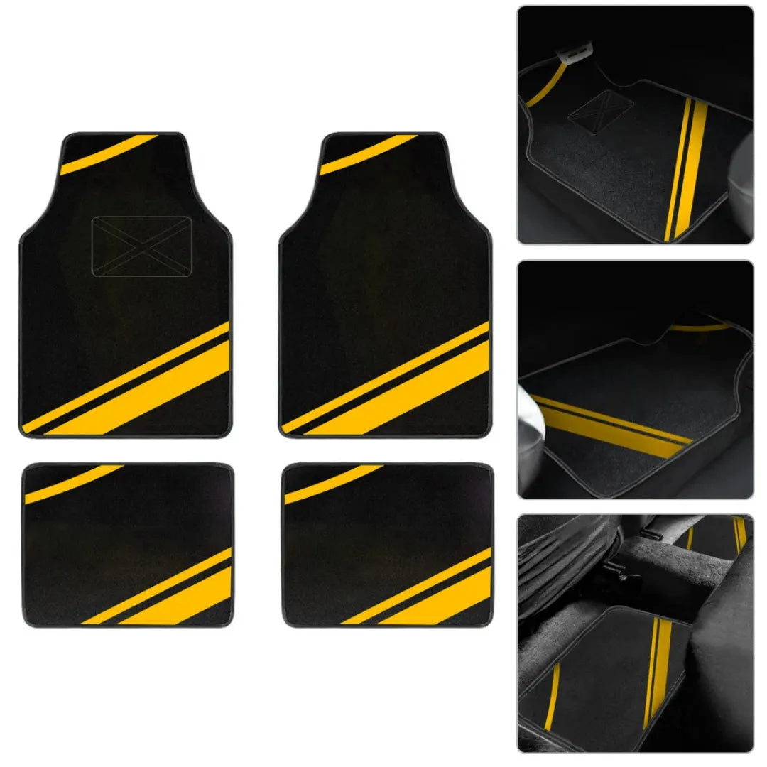 Tapetes automotivos exibidos em várias imagens, incluindo kit com 4 peças e aplicação no carro