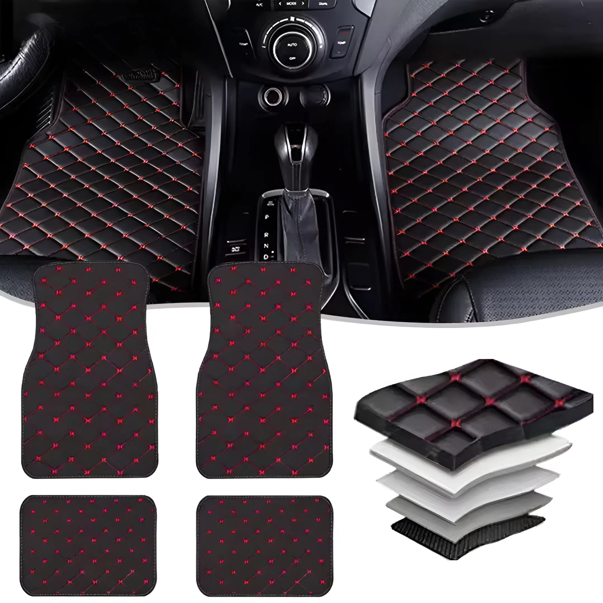 Imagem mostra os 4 tapetes vermelho de carro: dois dianteiros e dois traseiros